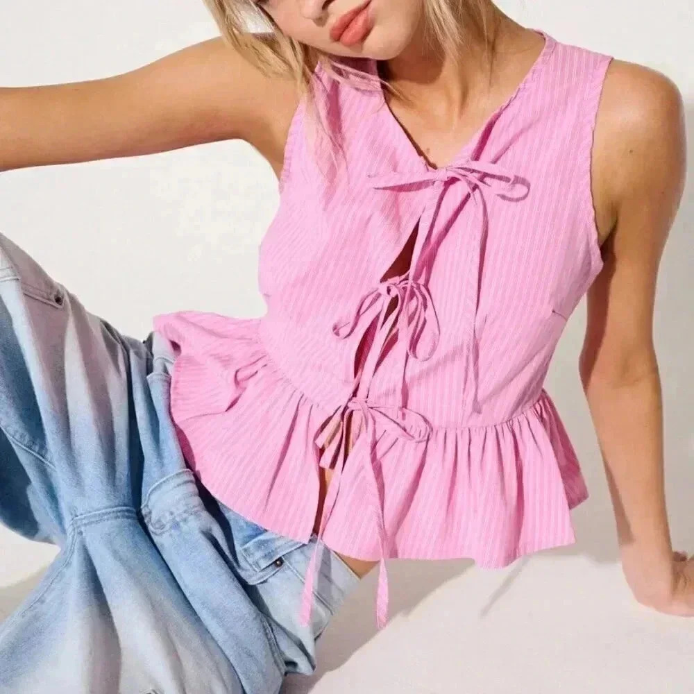 Pink Cute Women's Westfade Striped Tie Summer Front Bow Top